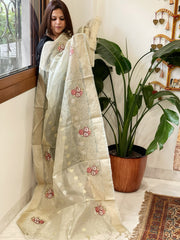 Greyish Blue Tissue Dupatta with Thread Embroidery