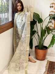 Silver Tissue Dupatta with Organza Embroidered Border