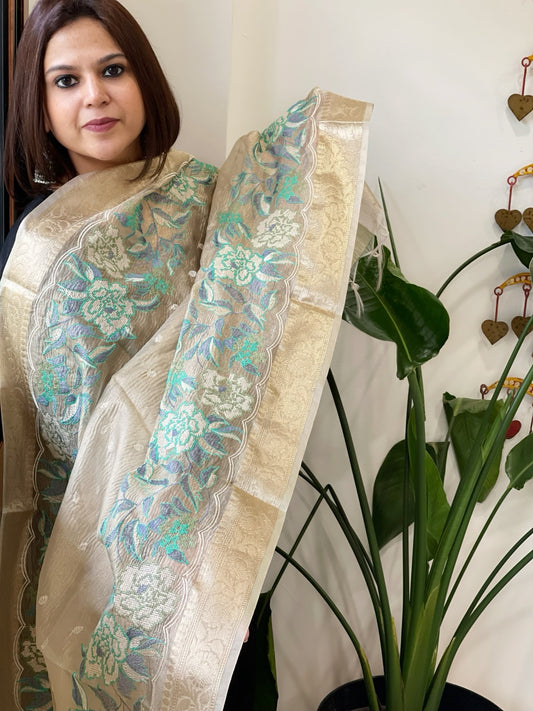 Gold Tissue Dupatta with Organza Embroidered Border