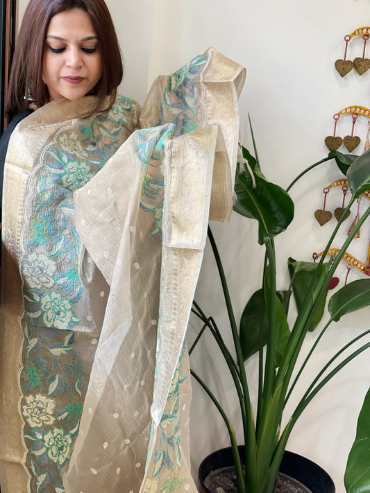 Gold Tissue Dupatta with Organza Embroidered Border