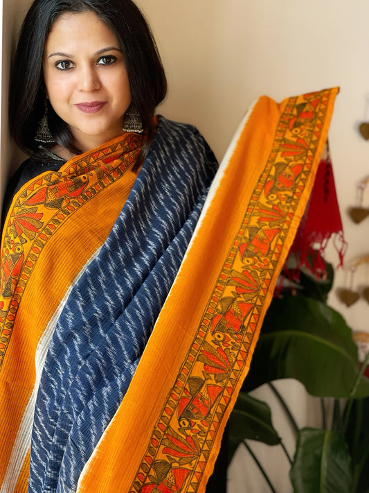 Haldi Yellow, Blue Handwoven Ikat Dupatta with Handpainted Madhubani in Cotton