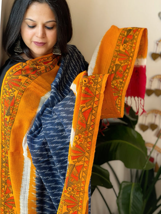 Haldi Yellow, Blue Handwoven Ikat Dupatta with Handpainted Madhubani in Cotton