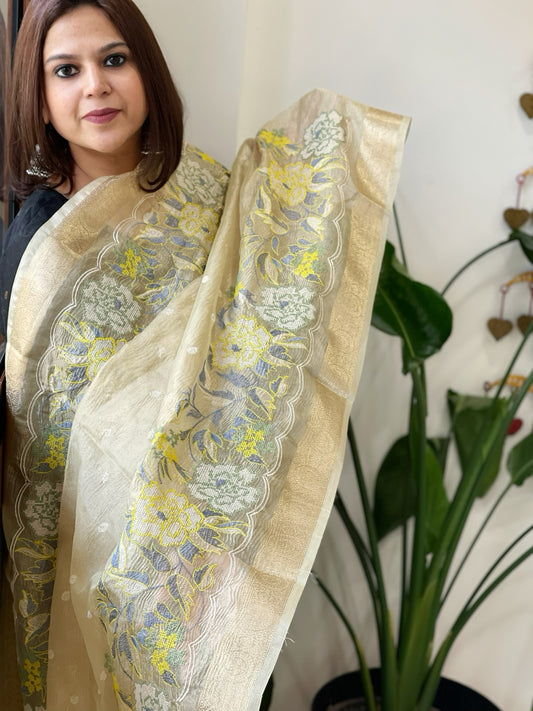 Yellowish Gold Tissue Dupatta with Organza Embroidered Border
