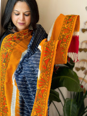 Haldi Yellow, Blue Handwoven Ikat Dupatta with Handpainted Madhubani in Cotton
