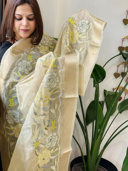 Yellowish Gold Tissue Dupatta with Organza Embroidered Border