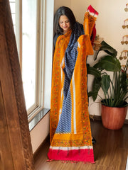 Haldi Yellow, Blue Handwoven Ikat Dupatta with Handpainted Madhubani in Cotton