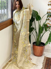 Yellowish Gold Tissue Dupatta with Organza Embroidered Border