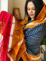 Haldi Yellow, Blue Handwoven Ikat Dupatta with Handpainted Madhubani in Cotton