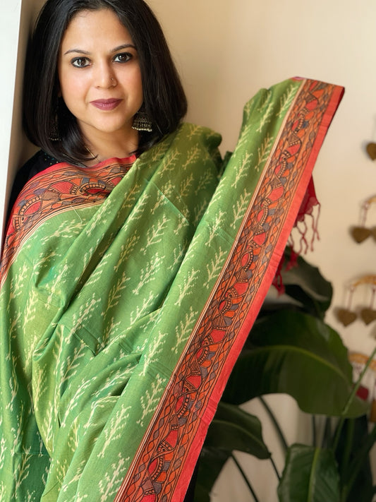 Green, Red Handwoven Ikat Dupatta with Handpainted Madhubani in Cotton