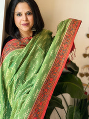 Green, Red Handwoven Ikat Dupatta with Handpainted Madhubani in Cotton