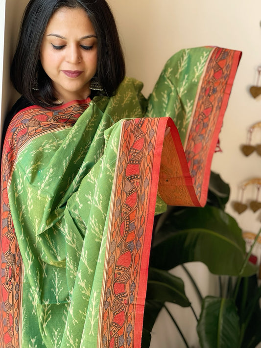 Green, Red Handwoven Ikat Dupatta with Handpainted Madhubani in Cotton