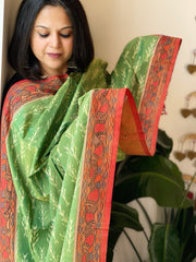 Green, Red Handwoven Ikat Dupatta with Handpainted Madhubani in Cotton