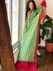 Green, Red Handwoven Ikat Dupatta with Handpainted Madhubani in Cotton