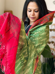 Green, Red Handwoven Ikat Dupatta with Handpainted Madhubani in Cotton