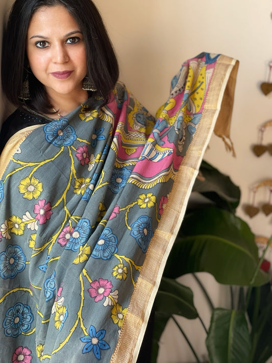 Grey Handpainted Kalamkari Dupatta in Cotton