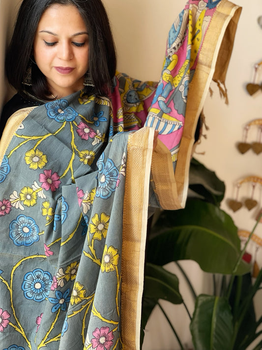 Grey Handpainted Kalamkari Dupatta in Cotton