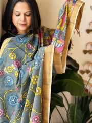 Grey Handpainted Kalamkari Dupatta in Cotton