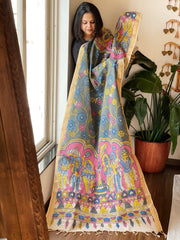 Grey Handpainted Kalamkari Dupatta in Cotton