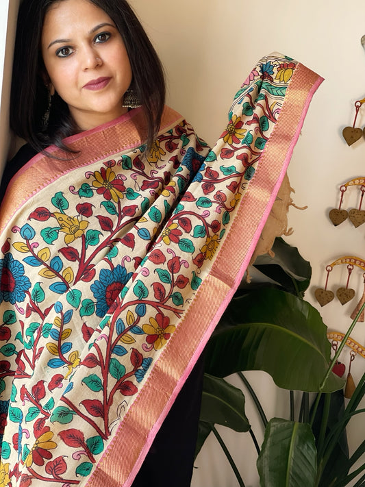 Off-White Handpainted Kalamkari Dupatta in Cotton