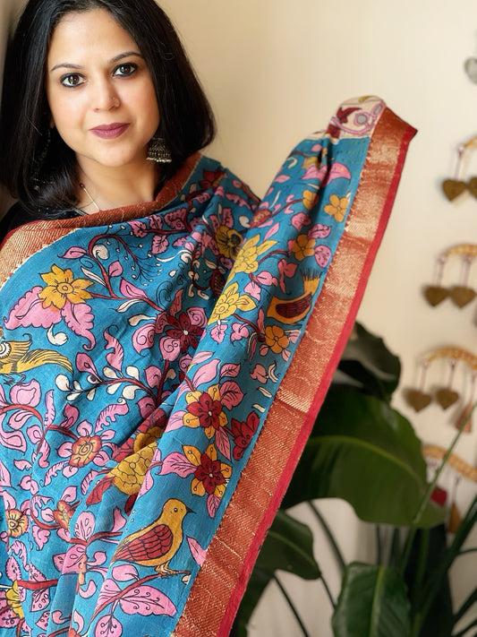 Blue Handpainted Kalamkari Dupatta in Cotton
