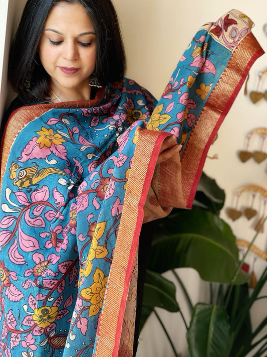 Blue Handpainted Kalamkari Dupatta in Cotton