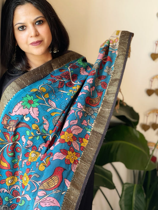 Blue Handpainted Kalamkari Dupatta in Cotton