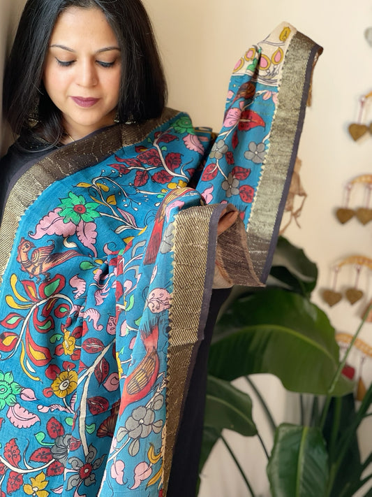 Blue Handpainted Kalamkari Dupatta in Cotton