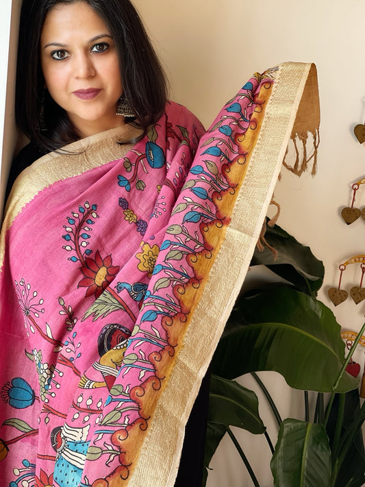 Pink Handpainted Kalamkari Dupatta in Cotton