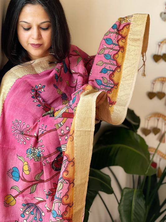 Pink Handpainted Kalamkari Dupatta in Cotton