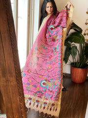 Pink Handpainted Kalamkari Dupatta in Cotton