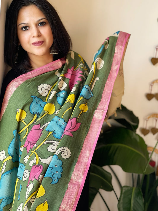Green Handpainted Kalamkari Dupatta in Cotton