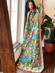Green Handpainted Kalamkari Dupatta in Cotton