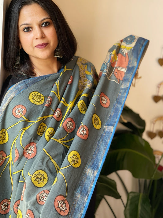 Grey Handpainted Kalamkari Dupatta in Cotton