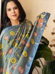 Grey Handpainted Kalamkari Dupatta in Cotton