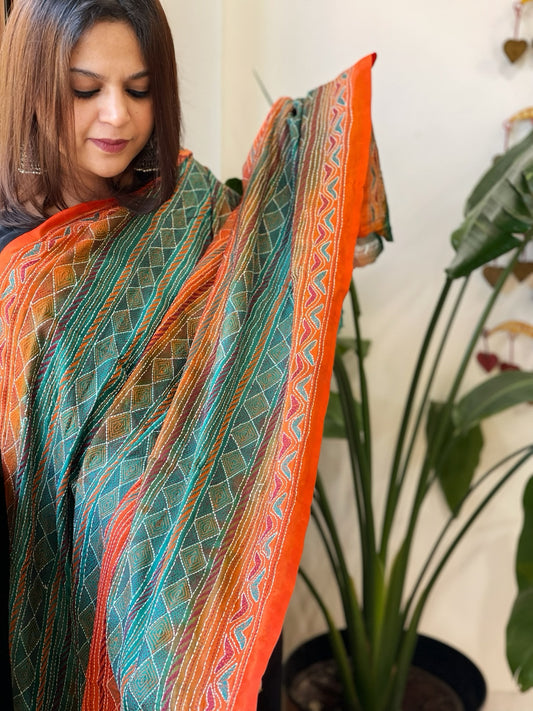 Orange, Aqua Handmade Kantha Dupatta in Silk