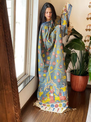 Grey Handpainted Kalamkari Dupatta in Cotton