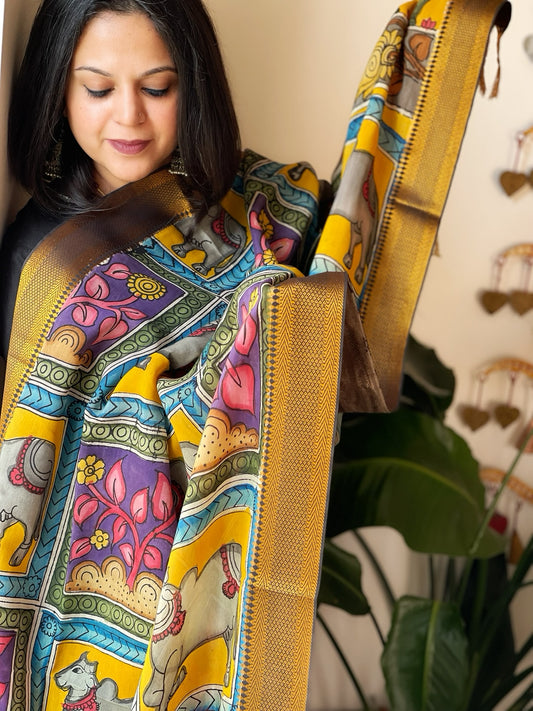 Handpainted Kalamkari Dupatta in Chennuri Silk