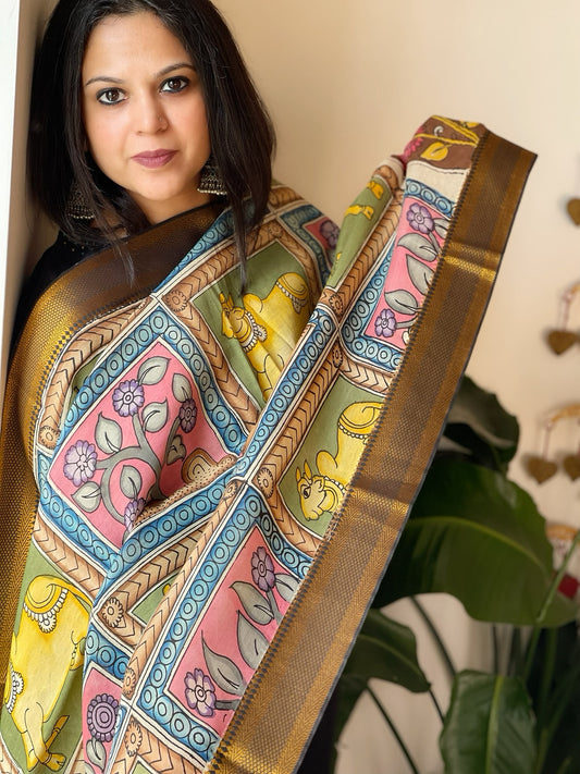Handpainted Kalamkari Dupatta in Chennuri Silk