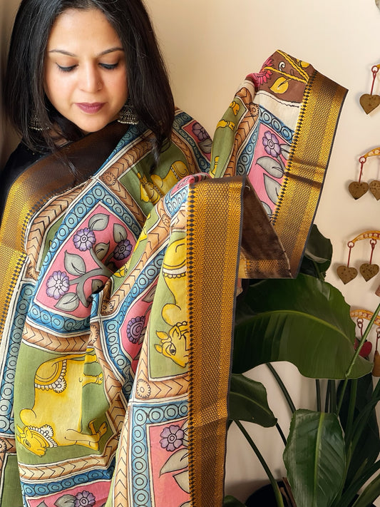Handpainted Kalamkari Dupatta in Chennuri Silk