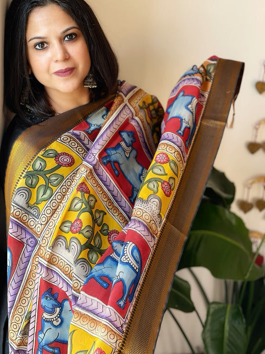 Handpainted Kalamkari Dupatta in Chennuri Silk