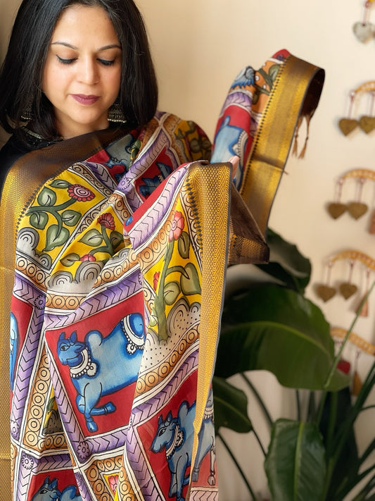 Handpainted Kalamkari Dupatta in Chennuri Silk