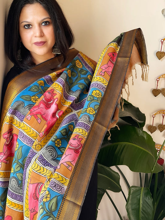 Handpainted Kalamkari Dupatta in Chennuri Silk