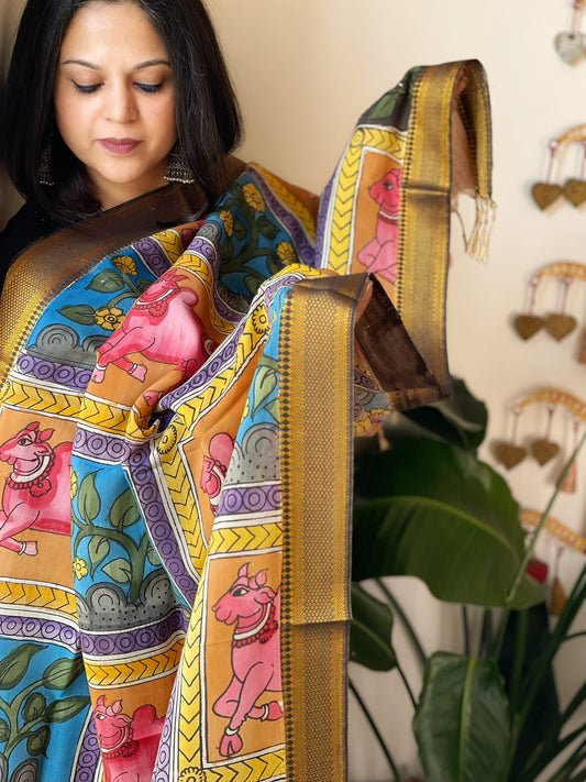 Handpainted Kalamkari Dupatta in Chennuri Silk
