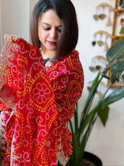 Red Printed Viscose Georgette Bandhej Dupatta with Gold Thread & Sequin Embroidered Border