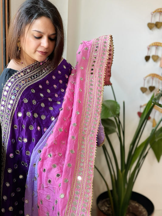 Pink, Purple, Lavender Crepe Dupatta with Mirror and Cut Daana Work with Gota Lace Border
