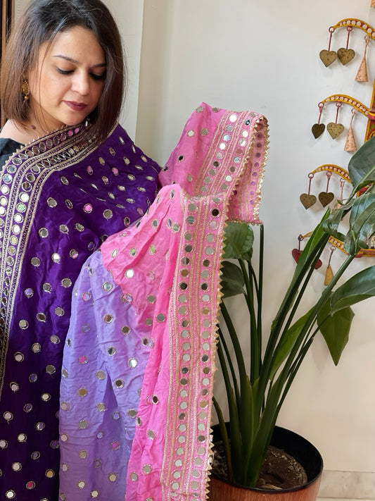 Pink, Purple, Lavender Crepe Dupatta with Mirror and Cut Daana Work with Gota Lace Border