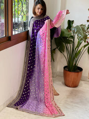 Pink, Purple, Lavender Crepe Dupatta with Mirror and Cut Daana Work with Gota Lace Border