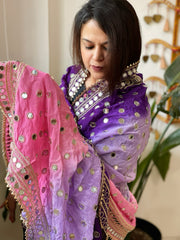 Pink, Purple, Lavender Crepe Dupatta with Mirror and Cut Daana Work with Gota Lace Border