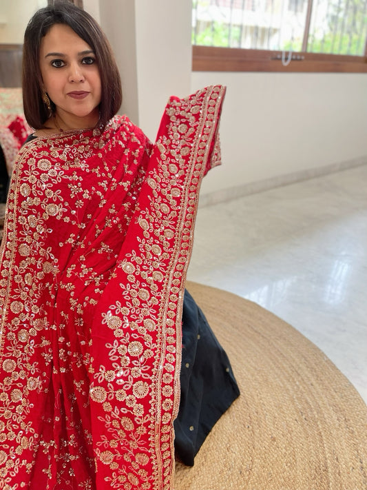 Red Crepe Dupatta with Sequin and Cut Daana Jaal Embroidery
