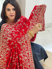 Red Crepe Dupatta with Sequin and Cut Daana Jaal Embroidery